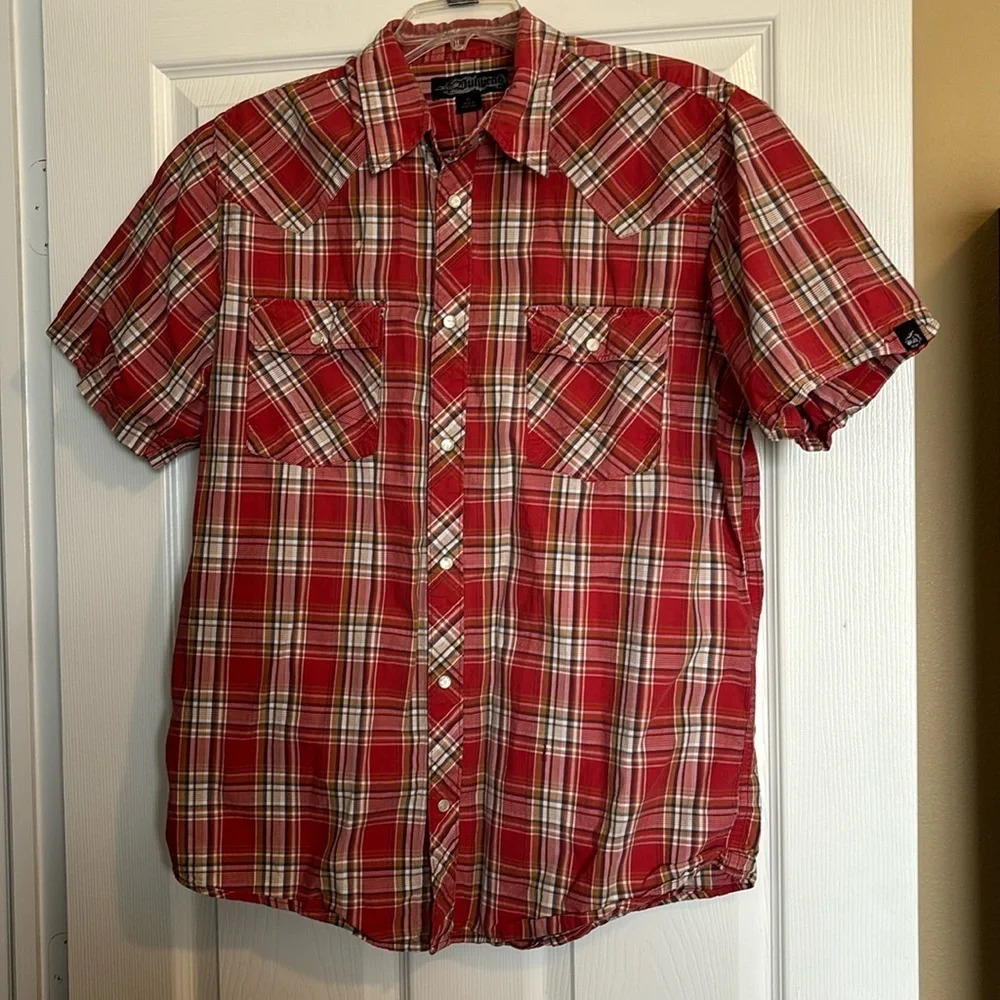 Bullhead men’s red plaid pearl snap western shirt size XL